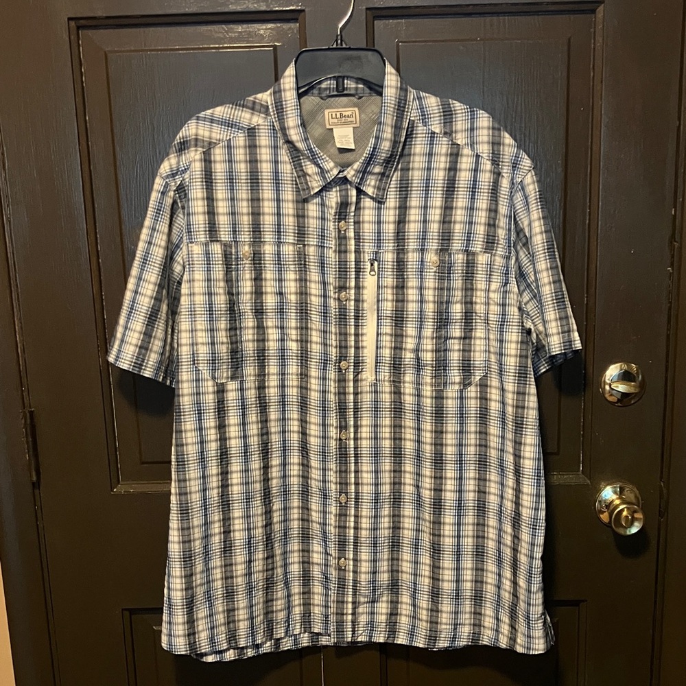 LL Bean Men XXL Reg Plaid Fishing Shirt Lightweight Vented Pockets Shortsleeve